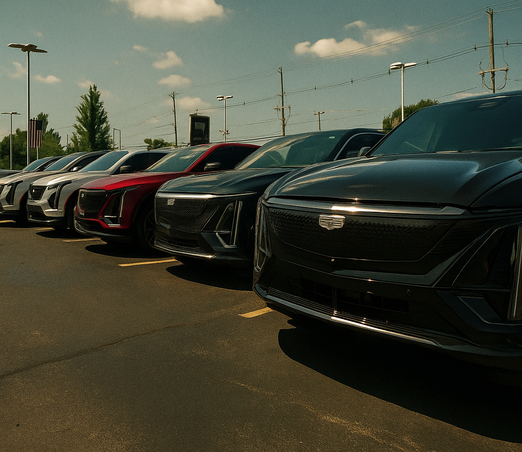 A row of sleek, new Cadillac LYRIQ vehicles lined up at Valley Cadillac under a sunny blue sky, showcasing bold design and luxury styling. A banner with the text "Best Deals Happen at Valley Cadillac" overlays the image.